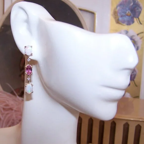 14K Gold Opal Diamond and Pink Tourmaline Dangle Drop Earrings - Posts with Nuts - Picture 3 of 11